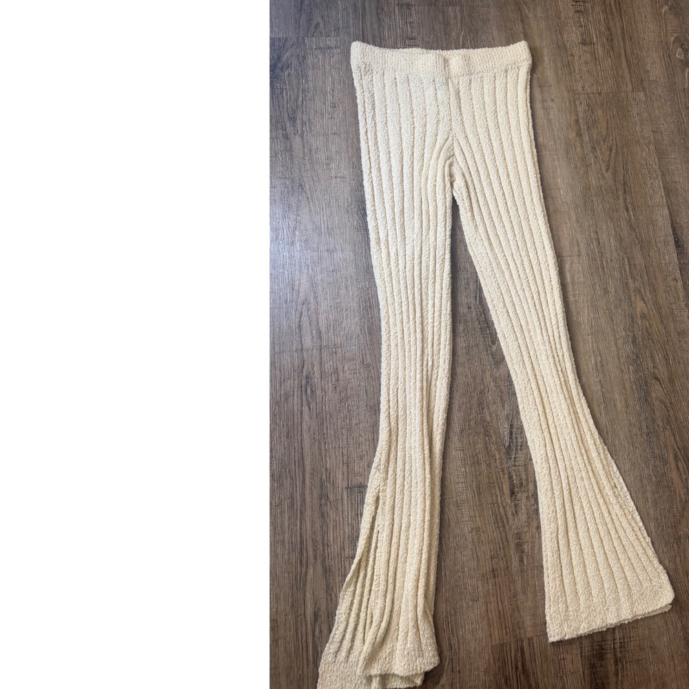 Forever 21 Cream Ribbed Knit Flare Pants High Waisted Wide Leg Medium